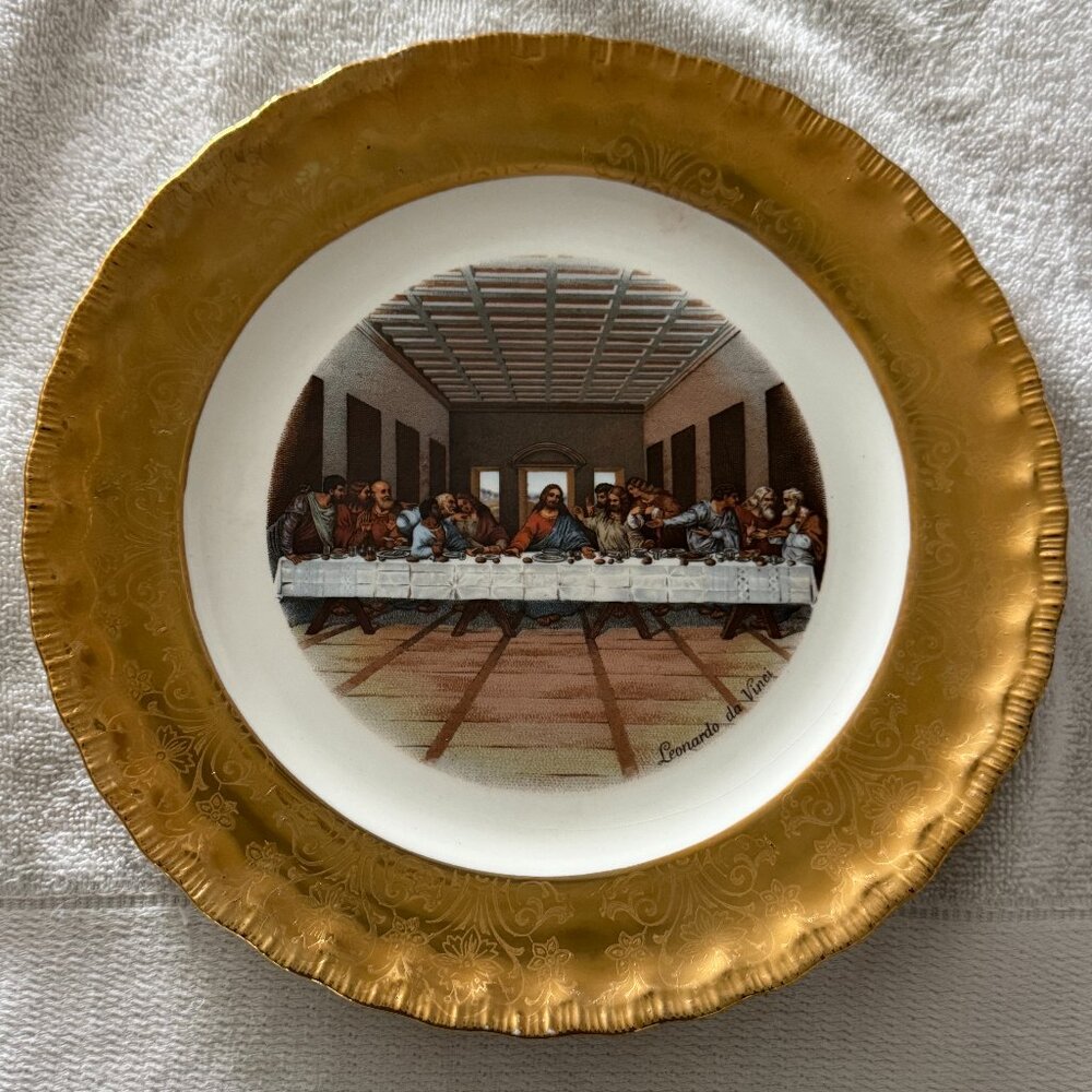 22k gold-trimmed wall plate "The Last Supper" - vintage 1950